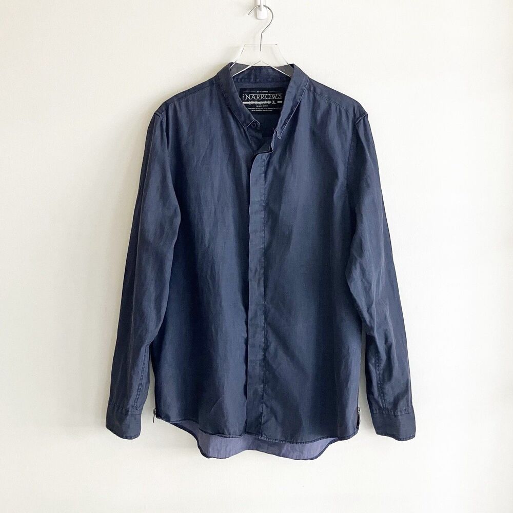 The Narrows 100% Linen Shirt Mens Sz 2XL Zip Zipper Sides Navy Blue Button Front